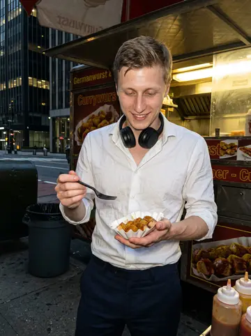 Roy, AI character: beside a currywurst food truck on a humid summer night in Manhattan, standing on the sidewalk with office…