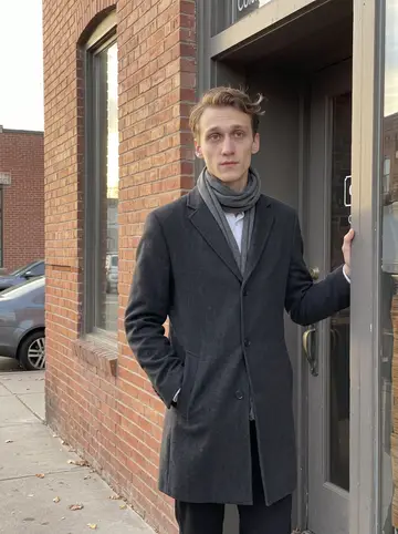Raphael, AI character: outside a narrow brick wine bar in Denver after his early shift, late autumn leaves along the sidewalk