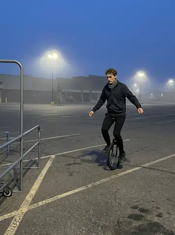 Raphael, AI character: empty grocery-store parking lot in Denver before sunrise, faint fog around the streetlights
