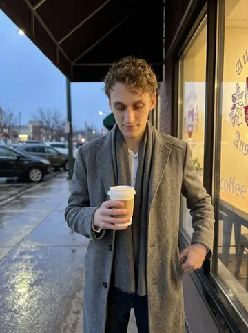 Raphael, AI character: outside an Austrian-style coffee shop in Denver on a rainy spring evening, wet pavement reflecting…