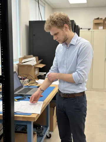 Rens, AI character: controls testing area at his Austin office, standing beside a test rack and laptop cart