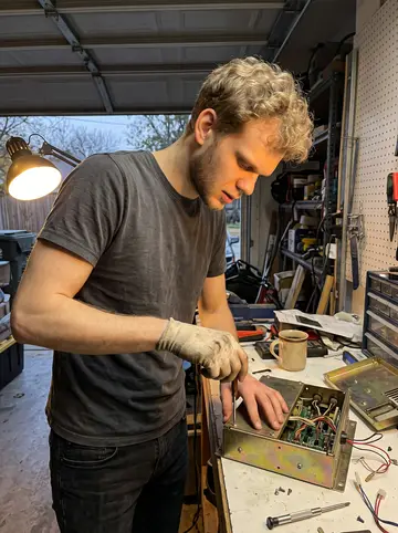 Rens, AI character: his garage bench in East Austin, an old 1980s industrial controller opened under a desk lamp