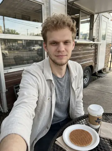 Rens, AI character: small Austin coffee trailer patio before work, Texas coffee and a stroopwafel on the table
