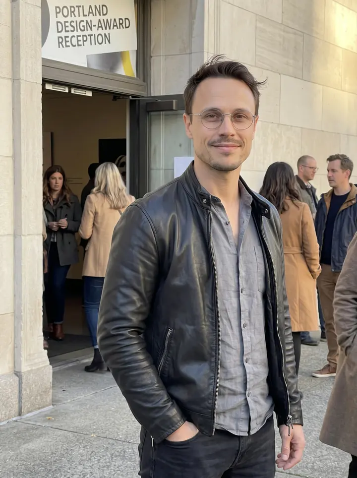 Hannes, AI character: outside a Portland design-award reception, leaning against a pale stone wall near the entrance before going in