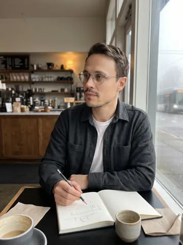 Hannes, AI character: a quiet Portland coffee shop near the window on a foggy morning, sketchbook open beside a small ceramic cup