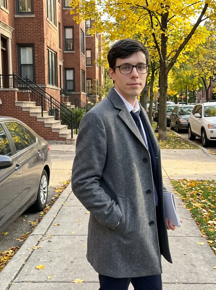 Elia, AI character: a quiet side street in Lincoln Park at late afternoon, brick apartment buildings and yellow leaves behind him