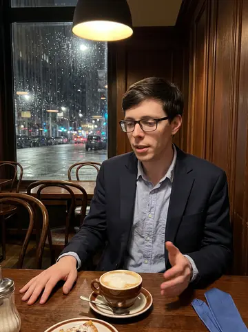 Elia, AI character: a small Viennese-style coffeehouse in Chicago on a rainy spring evening, window glass streaked with rain…
