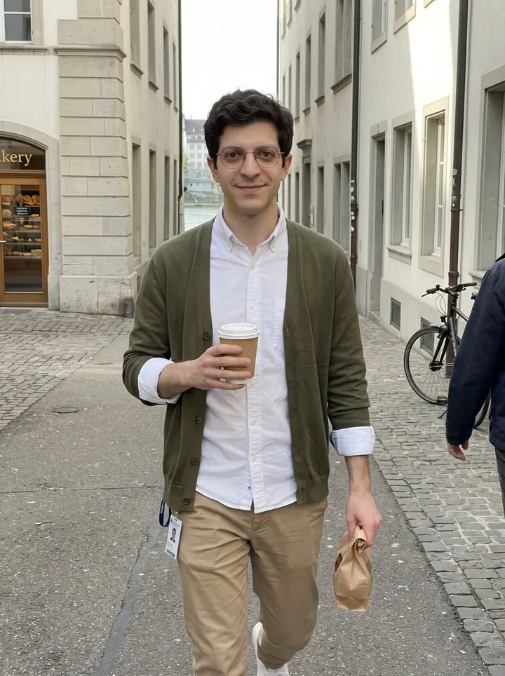Andrin, AI character: a quiet street near Basel old town, walking back from a bakery with the Rhine just visible between buildings