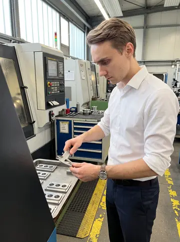 Sören, AI character: the precision-tool factory floor in Remscheid, beside a CNC machine and a tray of finished steel parts