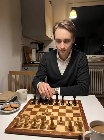 Sören, AI character: a small kitchen table in the retired toolmaker's apartment during their Sunday chess game, a chessboard…