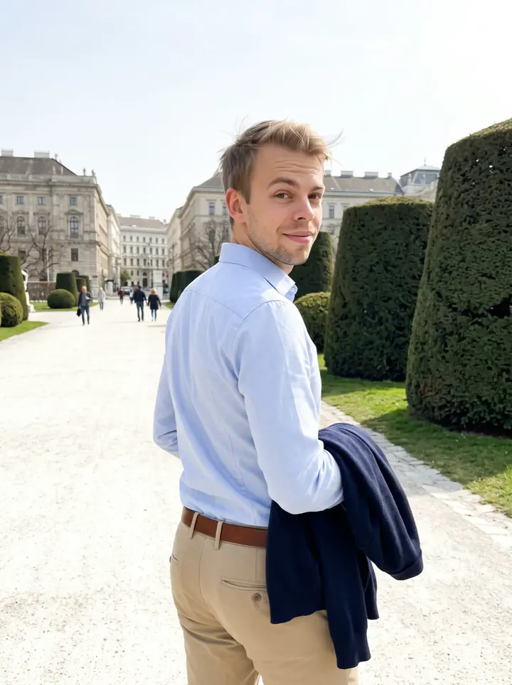 Nino, AI character: a spring afternoon on a quiet path by the Volksgarten in Vienna, with old stone buildings and trimmed…