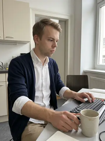 Nino, AI character: a small Vienna office kitchen table being used for a code review, with his compact mechanical keyboard,…