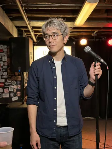 Albert, AI character: a low-ceiling basement bar in Chicago just before his Thursday open mic set, standing beside the small…