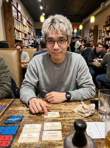 Albert, AI character: a crowded board game café in Chicago on a winter night, Codenames cards spread across the table