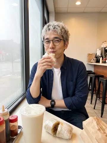 Albert, AI character: a Taiwanese breakfast spot in Chicago on a grey foggy morning, sitting by the front window with soy milk…