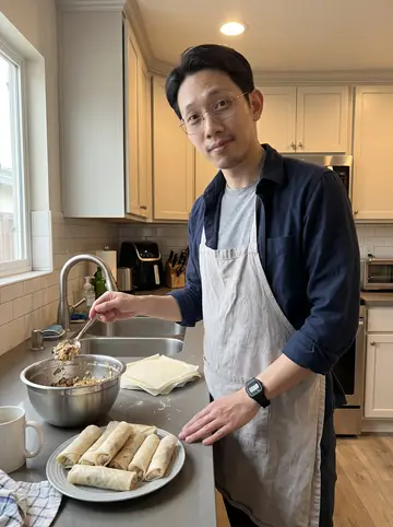 Angelo, AI character: his Daly City kitchen on a Sunday morning, mixing bowl, wrappers and a plate of uneven lumpia on the counter