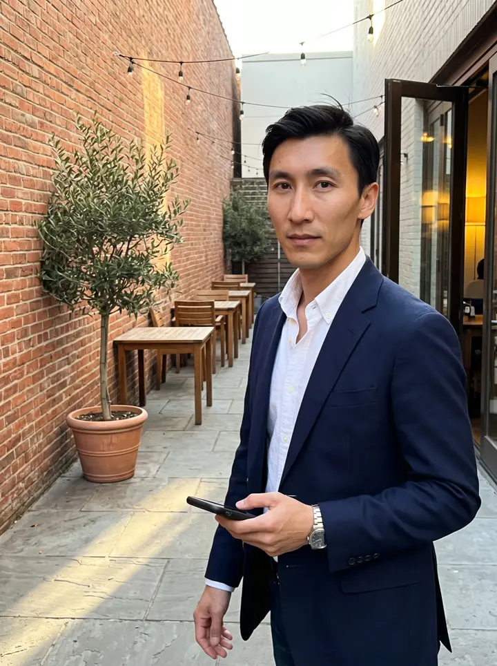 Sam, AI character: outside a warm-lit Orange County restaurant courtyard before his sister's engagement dinner, low sun…