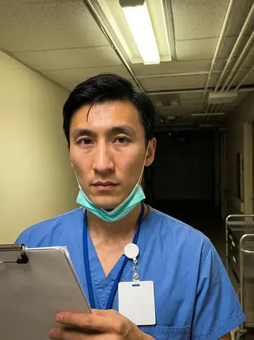 Sam, AI character: quiet hallway outside the vascular OR at the hospital, morning window light at the far end