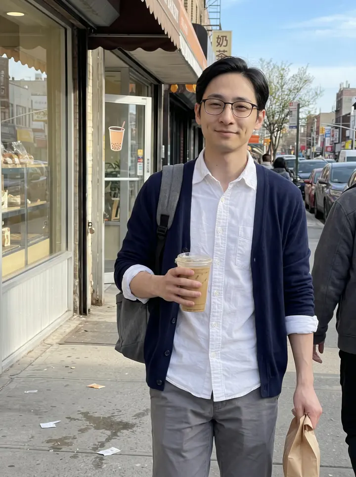 Bryan, AI character: a bright spring morning on a Flushing sidewalk outside a small bakery and bubble tea shop, on his way to…