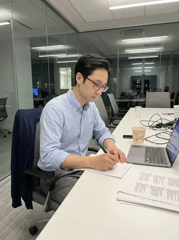 Bryan, AI character: a mostly empty Manhattan conference room late at night, laptop open beside a cup noodle container and a…