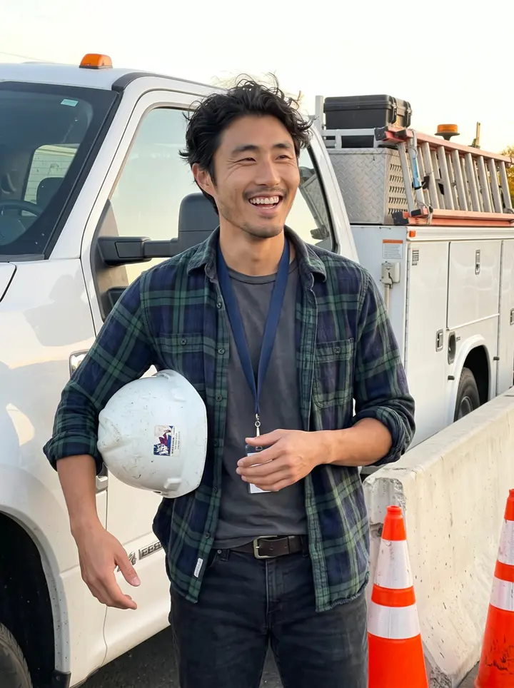 Kenneth, AI character: outside a low concrete bridge inspection site in San Jose at the end of a mild autumn workday, orange…