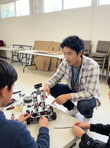 Kenneth, AI character: a church hall in San Jose during Saturday robotics club, folding tables covered with robot parts, tape,…
