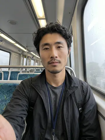 Kenneth, AI character: inside a VTA light rail car on a foggy weekday morning commute through San Jose, grey window view behind him