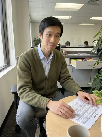 Ian, AI character: the break area of his marketing agency in Torrance, next to a small round table and office plants