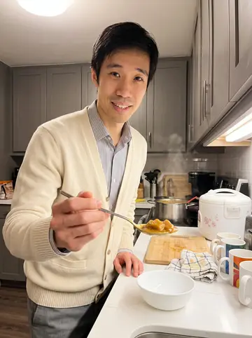 Ian, AI character: his grandmother's apartment kitchen in Torrance on Wednesday curry-rice night