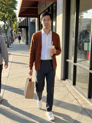 Ian, AI character: a Little Tokyo sidewalk after thrifting vintage cardigans, walking past shop windows with a paper shopping bag