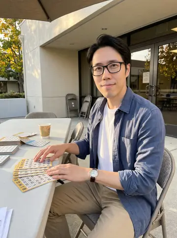 Simon, AI character: the courtyard outside a Cupertino senior center after Saturday bingo, folding tables and a stack of bingo…