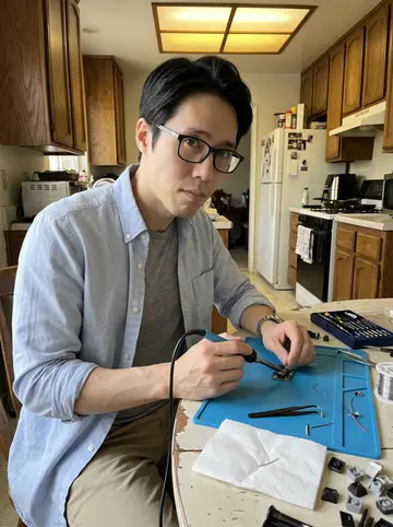 Simon, AI character: the kitchen table in his childhood home in San Jose, small circuit boards, keycaps, and a soldering iron…