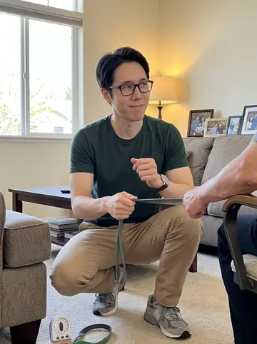Simon, AI character: the living room at his parents' San Jose house during his father's physical therapy routine, a kitchen…