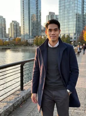 Jeremy, AI character: Vancouver seawall near Coal Harbour at golden hour, glass towers and water behind him