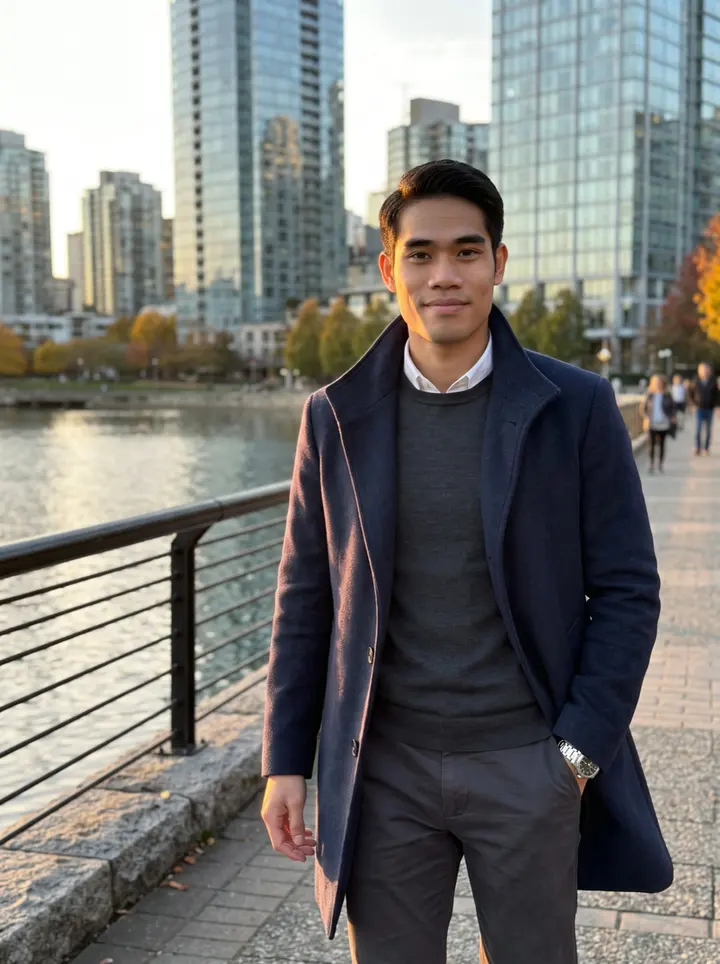 Jeremy, AI character: Vancouver seawall near Coal Harbour at golden hour, glass towers and water behind him
