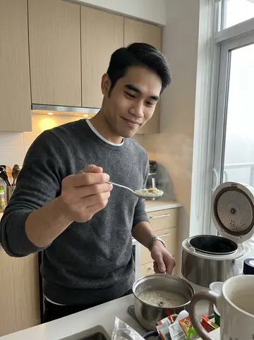 Jeremy, AI character: his compact Vancouver condo kitchen, rice cooker open on the counter and a small pot of congee beside it