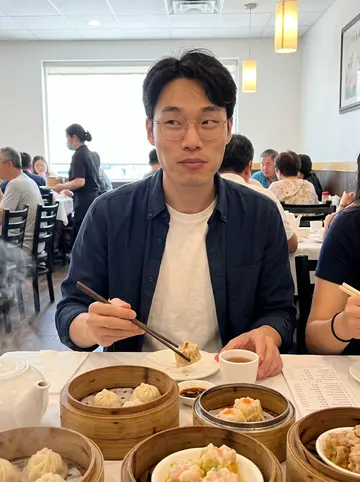 Jason, AI character: a busy dim sum table in Edison on Sunday with bamboo steamers and tea cups, his sister cropped out at the edge