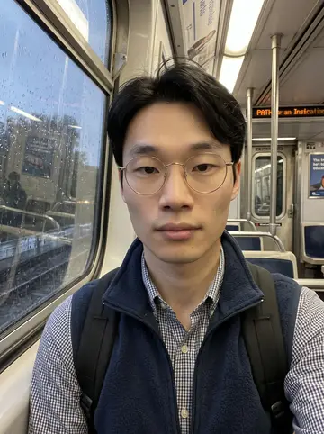 Jason, AI character: inside a PATH train heading from Jersey City toward Newark on a rainy dusk commute