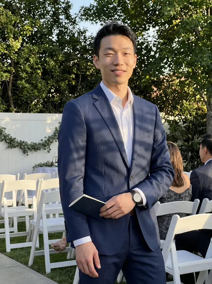 Robert, AI character: a small garden wedding venue in Orange County just after the ceremony, white folding chairs and eucalyptus…