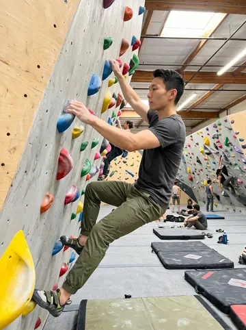Robert, AI character: an indoor bouldering gym in Irvine, colored holds on a plywood wall and crash pads below