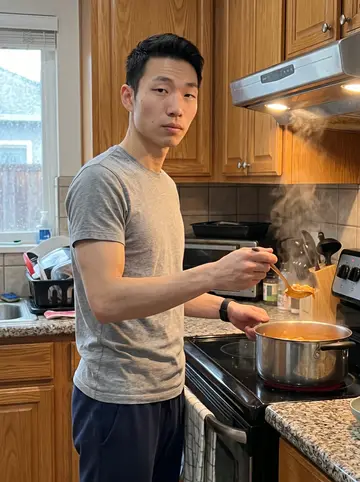 Robert, AI character: his mother's kitchen in Fullerton on a rainy afternoon, a pot of kimchi jjigae steaming on the stove