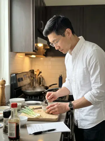 Johnny, AI character: his small apartment kitchen on a Sunday morning, recipe notes and scallions spread beside a cutting board
