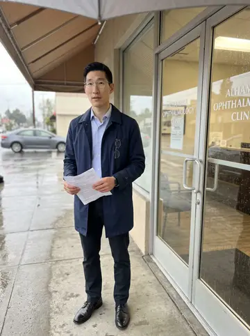 Johnny, AI character: under the awning outside an ophthalmology clinic in Alhambra during a light spring rain, plain glass doors…