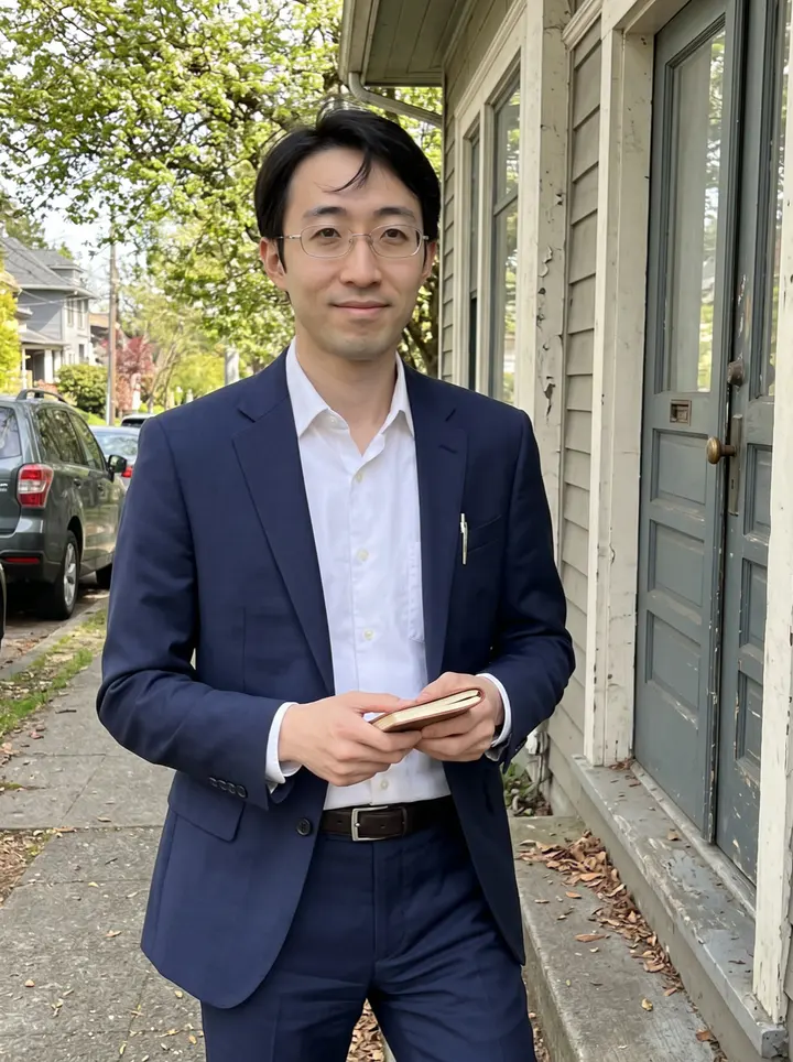 Yuki, AI character: a quiet Capitol Hill sidewalk in Seattle after a house showing, old painted front doors and spring trees…
