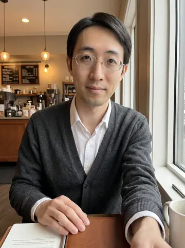 Yuki, AI character: a small Seattle cafe table by the window before his first showing, ceramic mug, closed leather notebook,…
