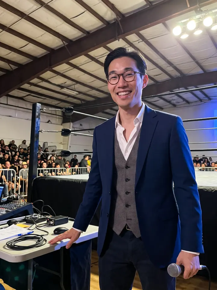 Derek, AI character: inside a small San Jose roller rink during a local wrestling show, standing near the announcer table with…