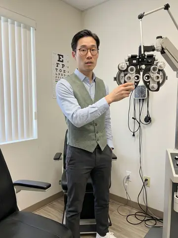 Derek, AI character: an optometry exam room in his San Jose clinic, with an exam chair and phoropter beside him