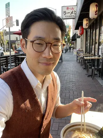 Derek, AI character: outside a ramen shop in San Jose Japantown on a Sunday crawl, sitting at a small sidewalk table