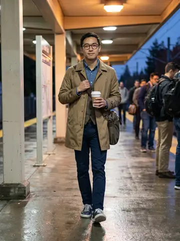 Derek, AI character: a damp VTA station platform in San Jose after clinic hours, evening commuters blurred farther down the…