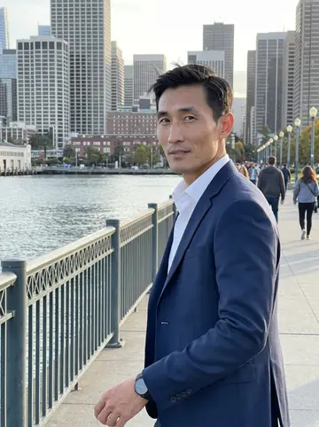 Alvin, AI character: the Embarcadero waterfront in San Francisco after work, bay light behind him and office towers in the distance